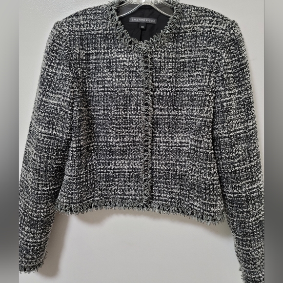 New Saks Fifth Avenue Black Tweed Wool Blend Frayed Trim Crop Blazer Size 10 - Picture 3 of 14
